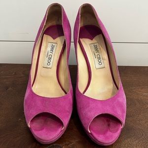 Gently used Jimmy Choo Luna magenta suede peep toe heels